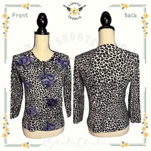Vintage Elizabeth New York Cardigan Floral Leopard Print Beaded Sweater Sz Small
